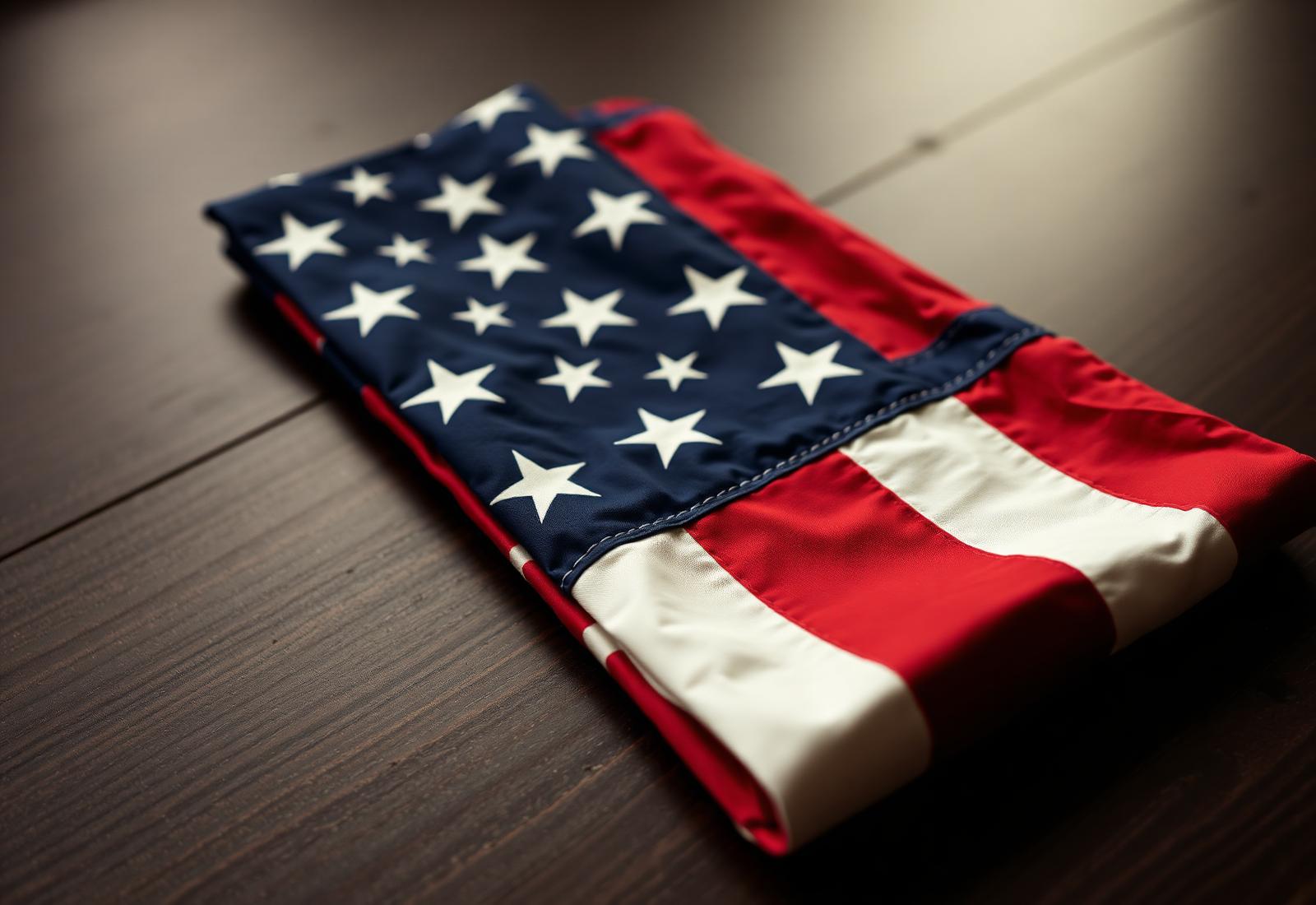 Folded American flag resting on dark wood — symbolizing service and accountability