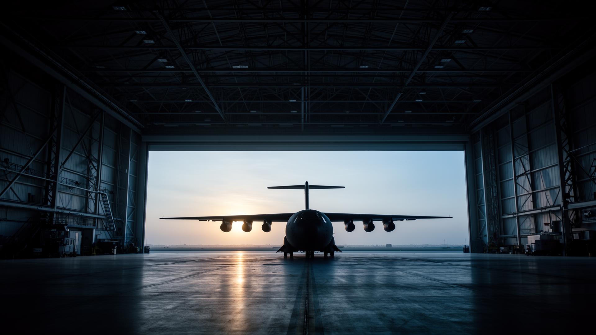 Military transport aircraft silhouetted at dawn inside an aerospace hangar